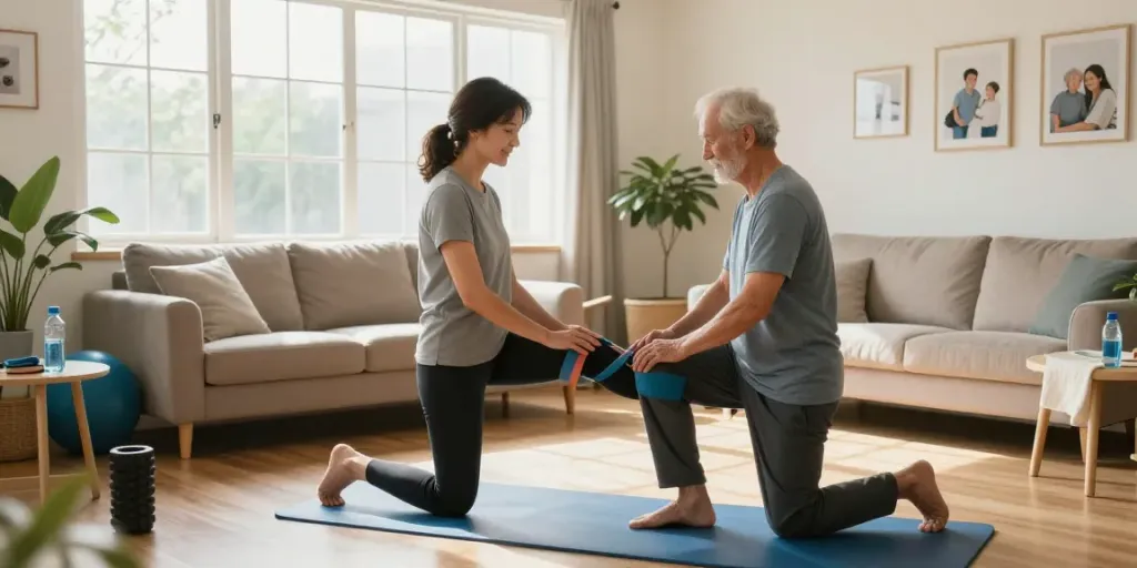 In-home physiotherapy Burlington, elderly patient exercising with physiotherapist in a bright living room, creating a supportive health environment.