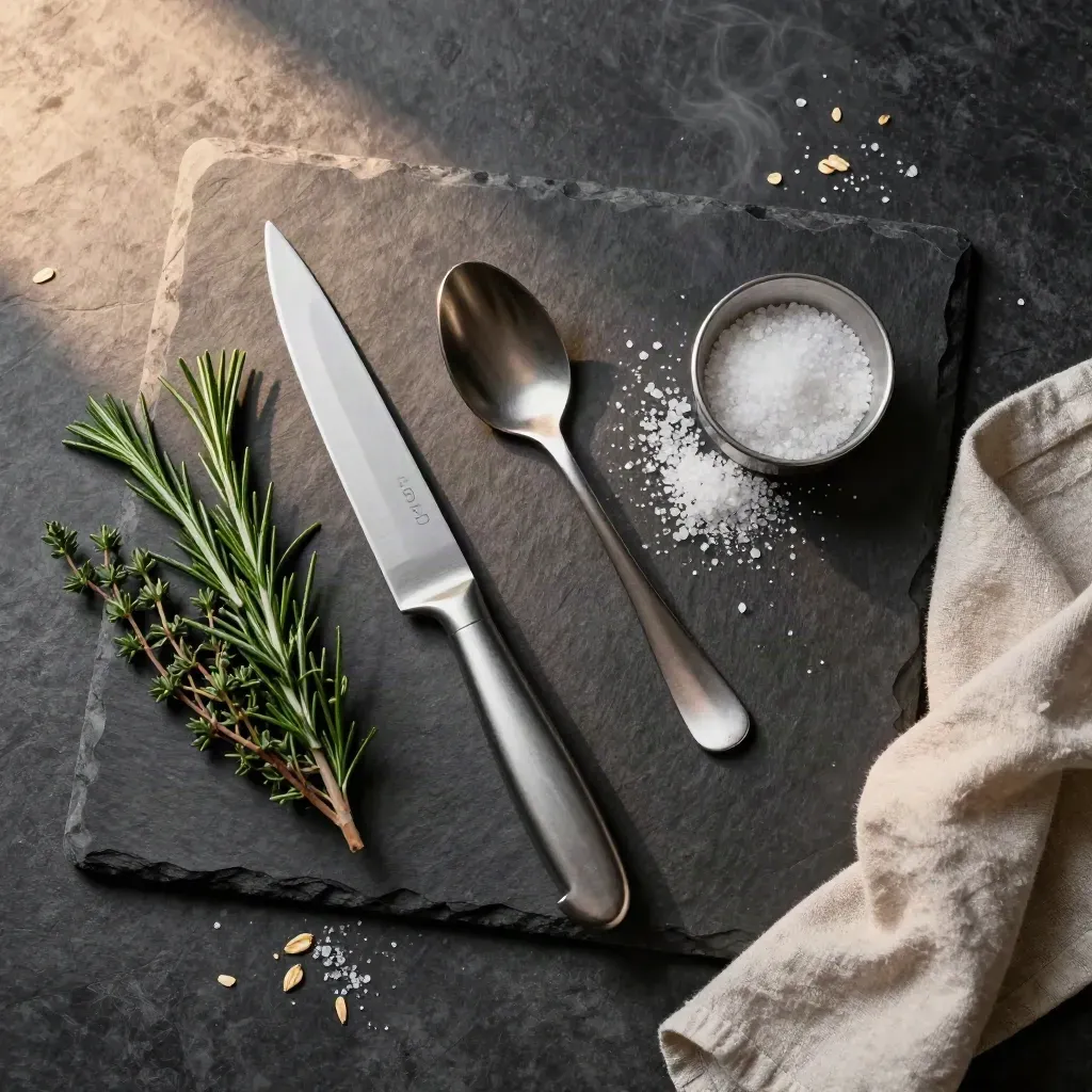 Slate prep board with chef's knife, herbs, salt crescent, spoon and linen in warm food editorial light.