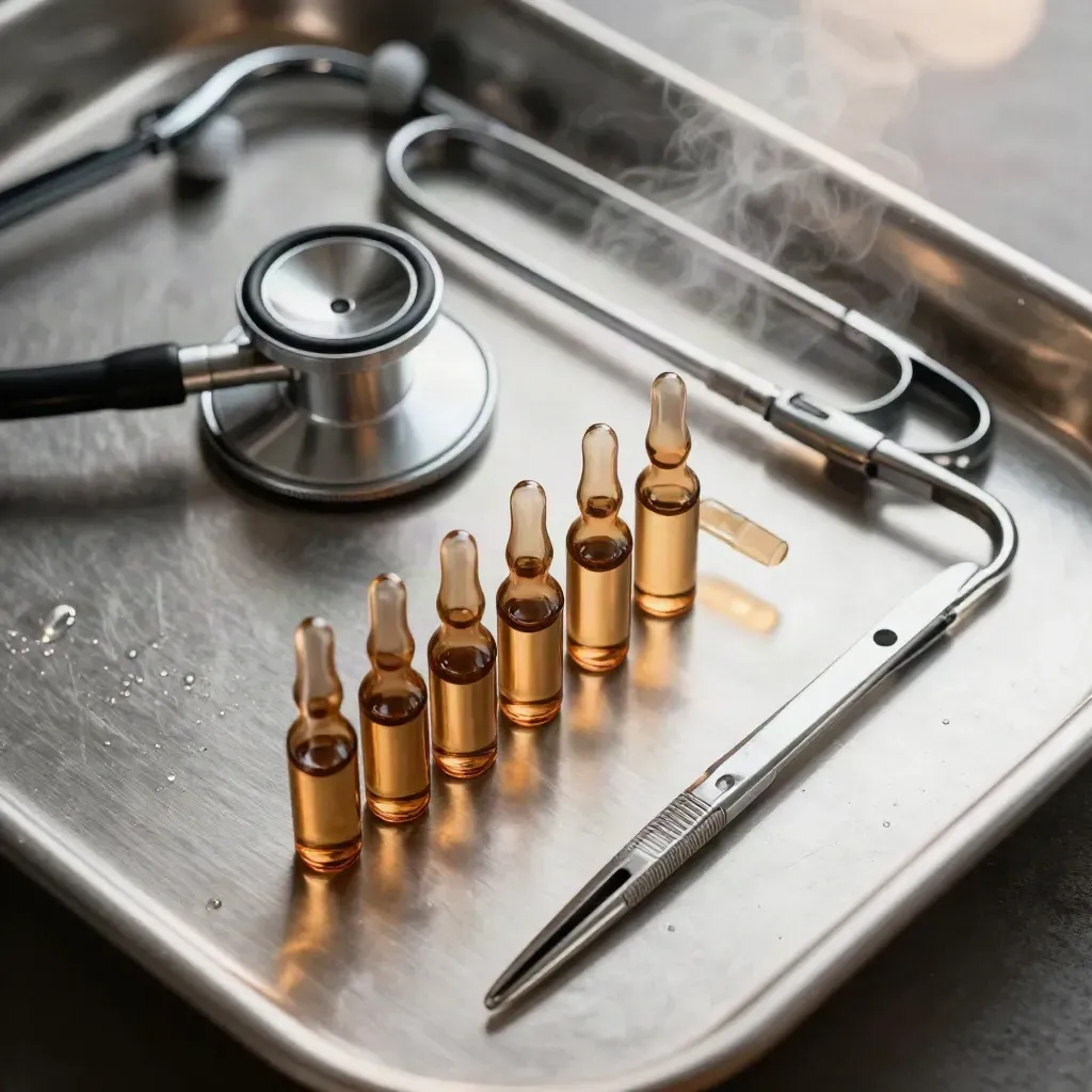Top-down macro of a medical tray with stethoscope, ampoules, vials and forceps on brushed steel.