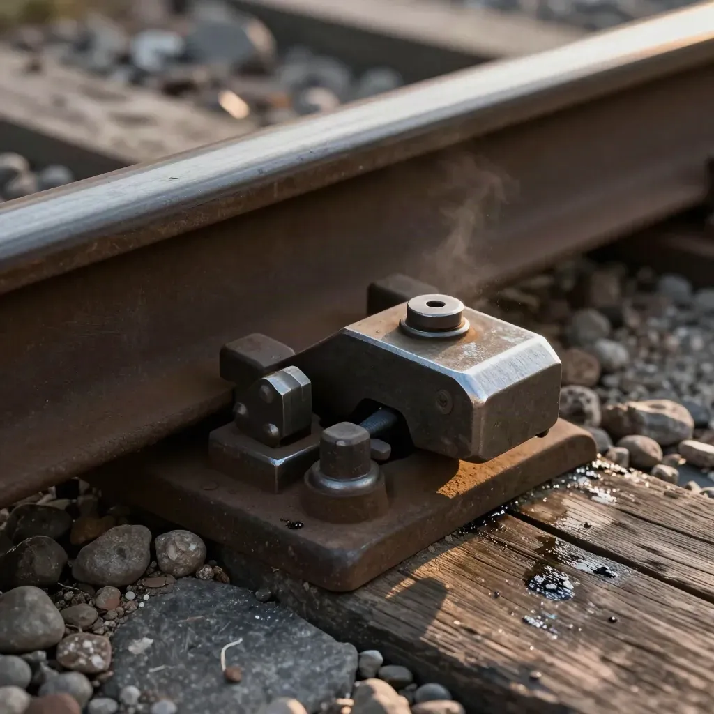Macro of rail coupler teeth, ballast chips, a steel washer, and weathered sleeper grain.