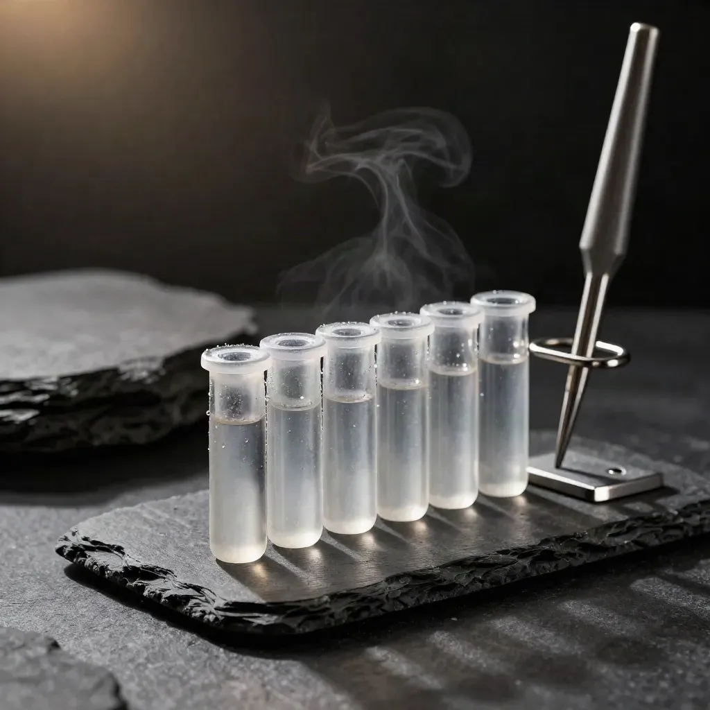 Quartz vials and lab tools arranged on charcoal stone in dramatic studio light.