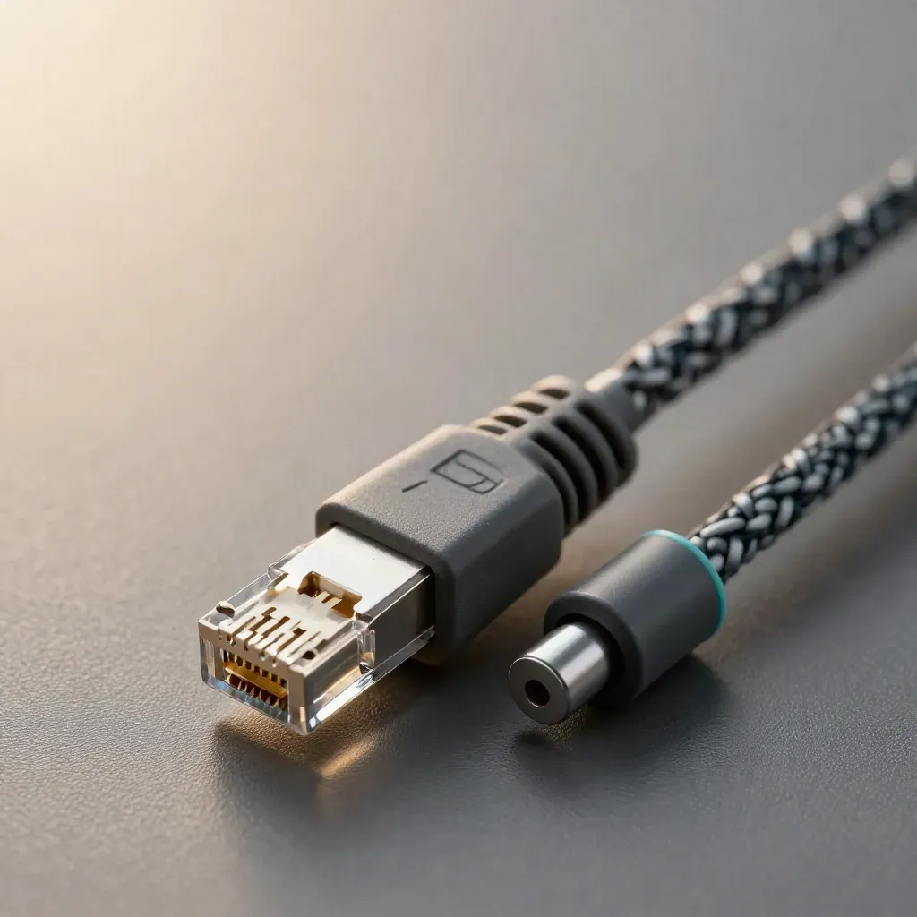 Macro of Ethernet and fiber connectors linked on a matte graphite surface