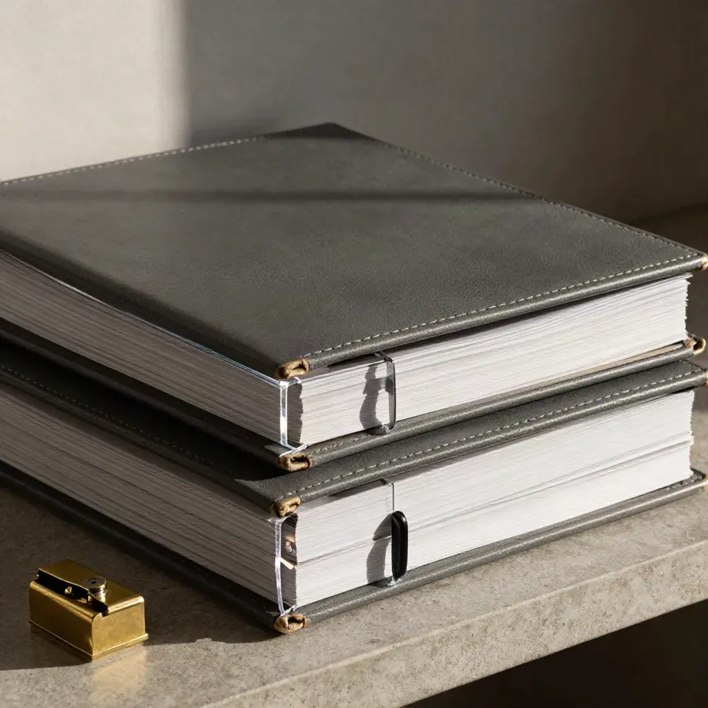 Monochrome report binders, acrylic dividers, and a brass paperweight on a stone shelf