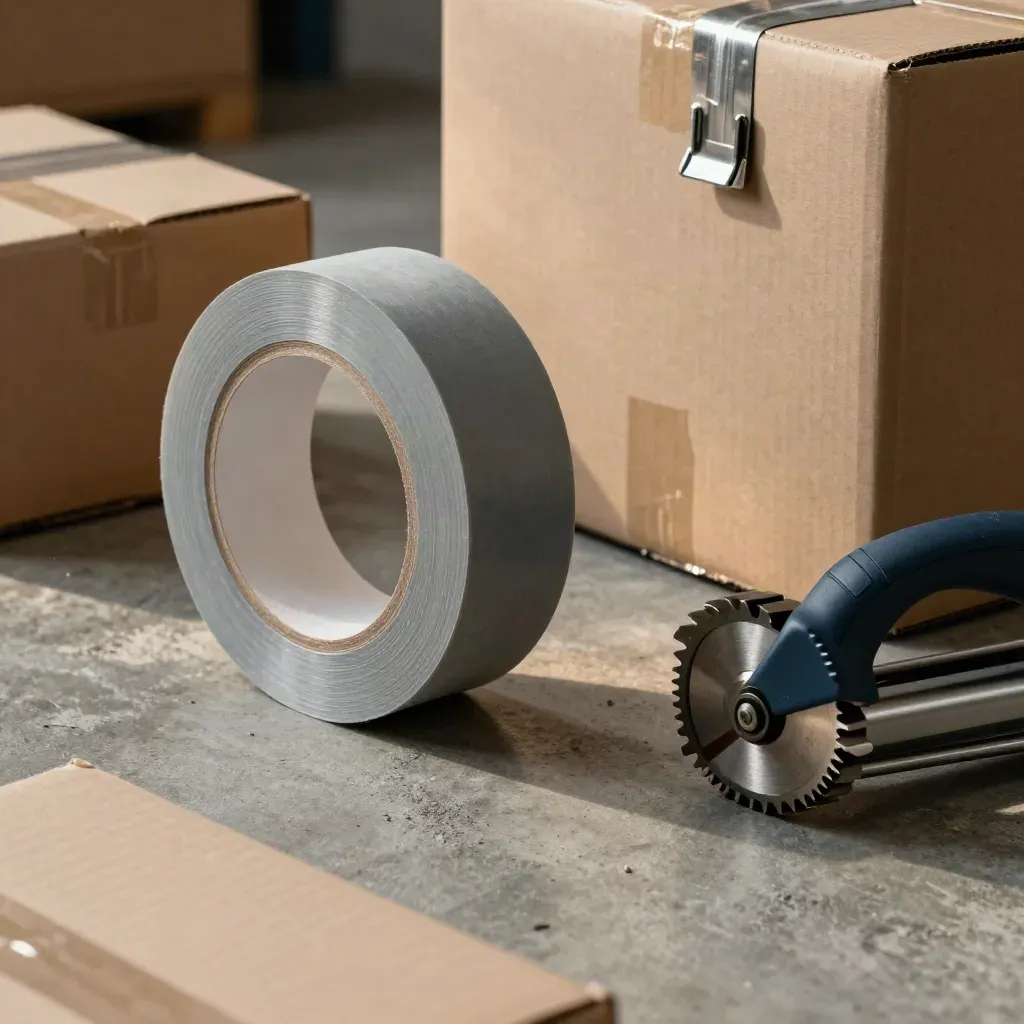 Macro still life of parcel tape, carton seam, shelf clips, and cutter wheel on concrete.