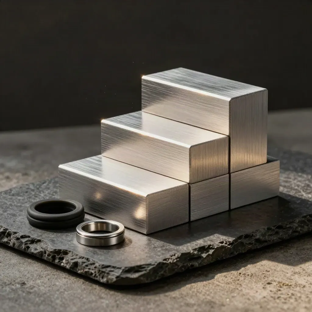 Industrial still life of aluminum blocks, spacer rings, and a cable grommet on dark stone.