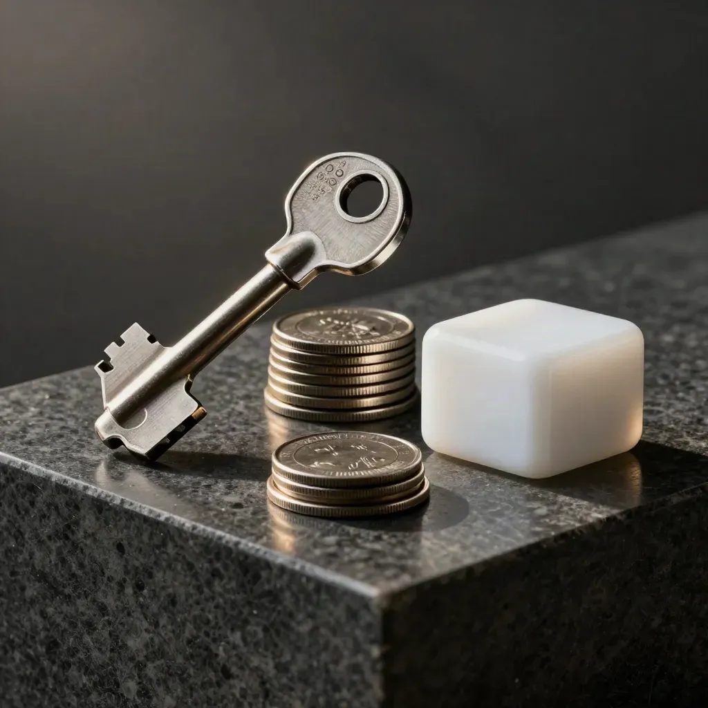Vault key, access fob, coin tray and paperweight on dark stone in moody bank still life.