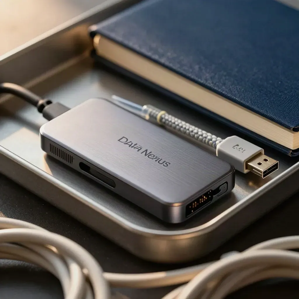 Macro still life of SSD, USB hub, braided ethernet cable, ties, and closed notebook in a carry tray.