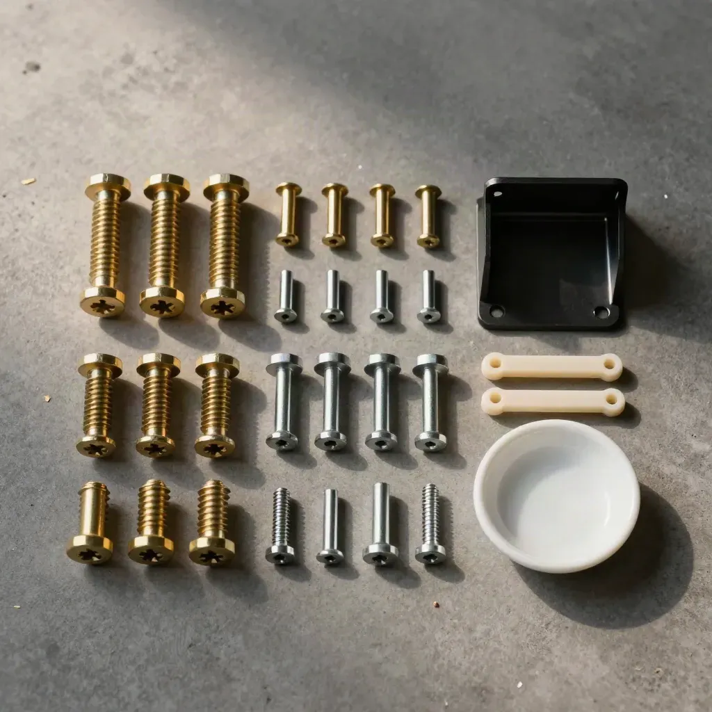 Brass hardware parts laid in precise rows on a graphite slab with white accents