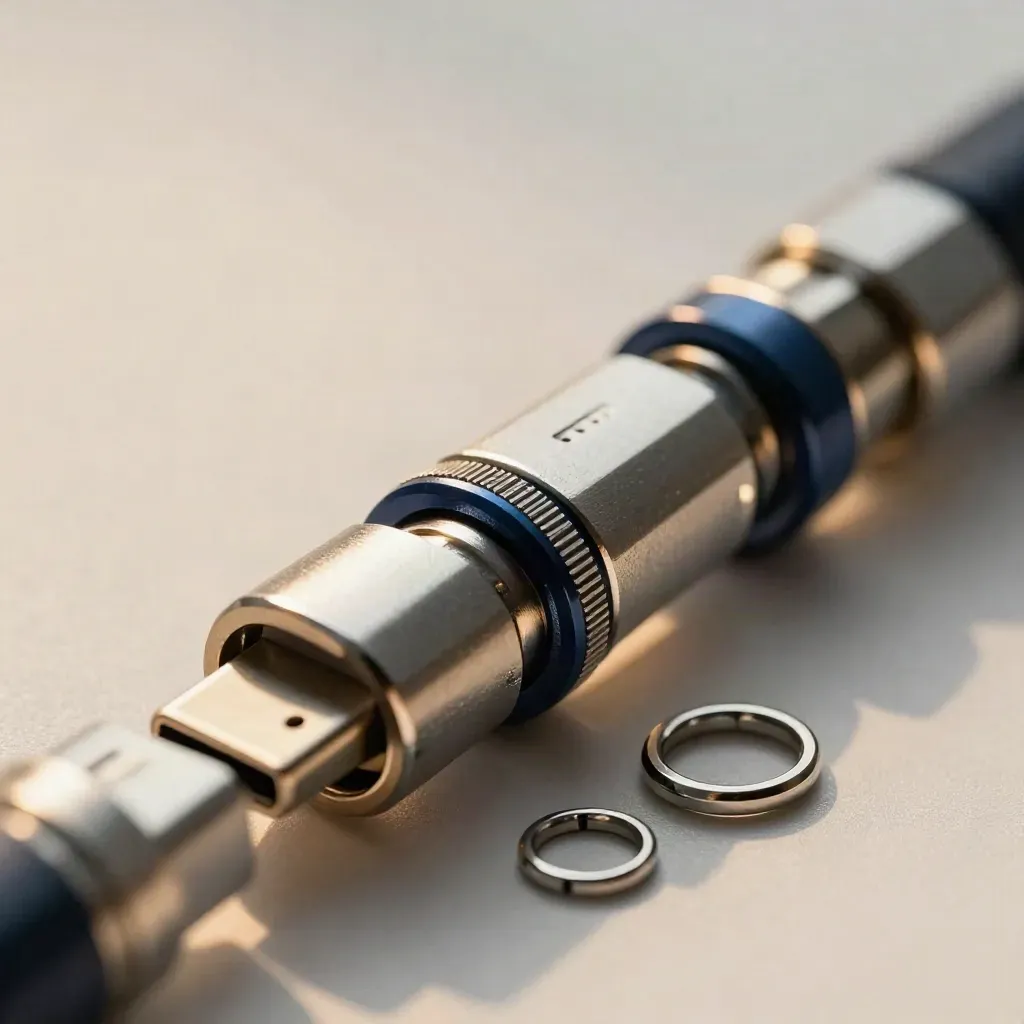 Macro of connected USB-C adapters and metal couplers on brushed steel