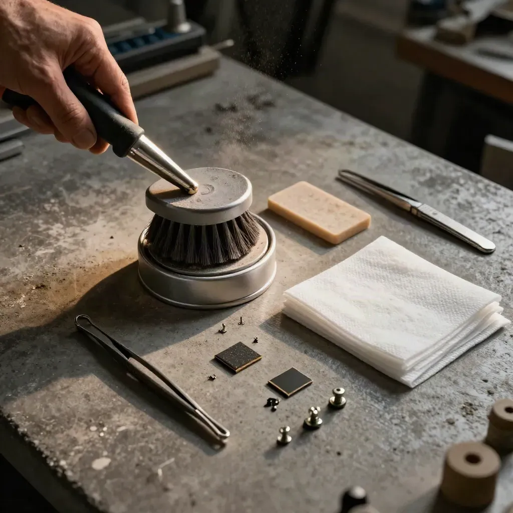 Anti-static brush sweeping dust from a parts tray beside wipes, tweezers, and clean hardware chips.