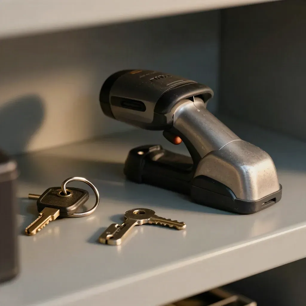 Scanner cradle, radio charger, keys, and aluminum tokens on a shelf in dramatic studio light.