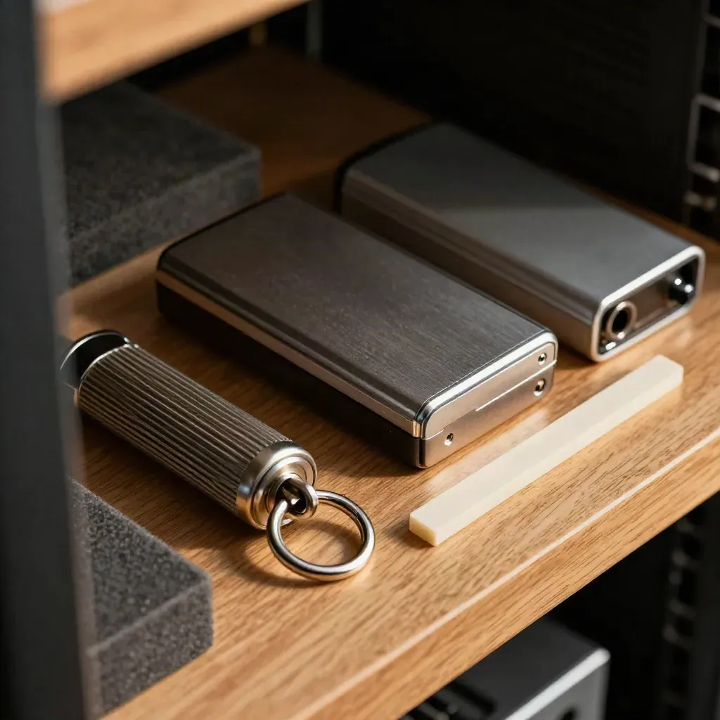 Security dongle, rack lock cylinder and encrypted drive enclosure on a warm oak shelf.
