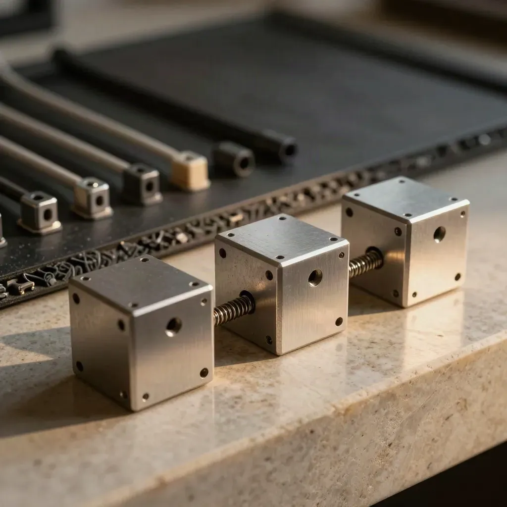 Aluminum brackets, matte cubes, and spring clips in a dramatic industrial still life.