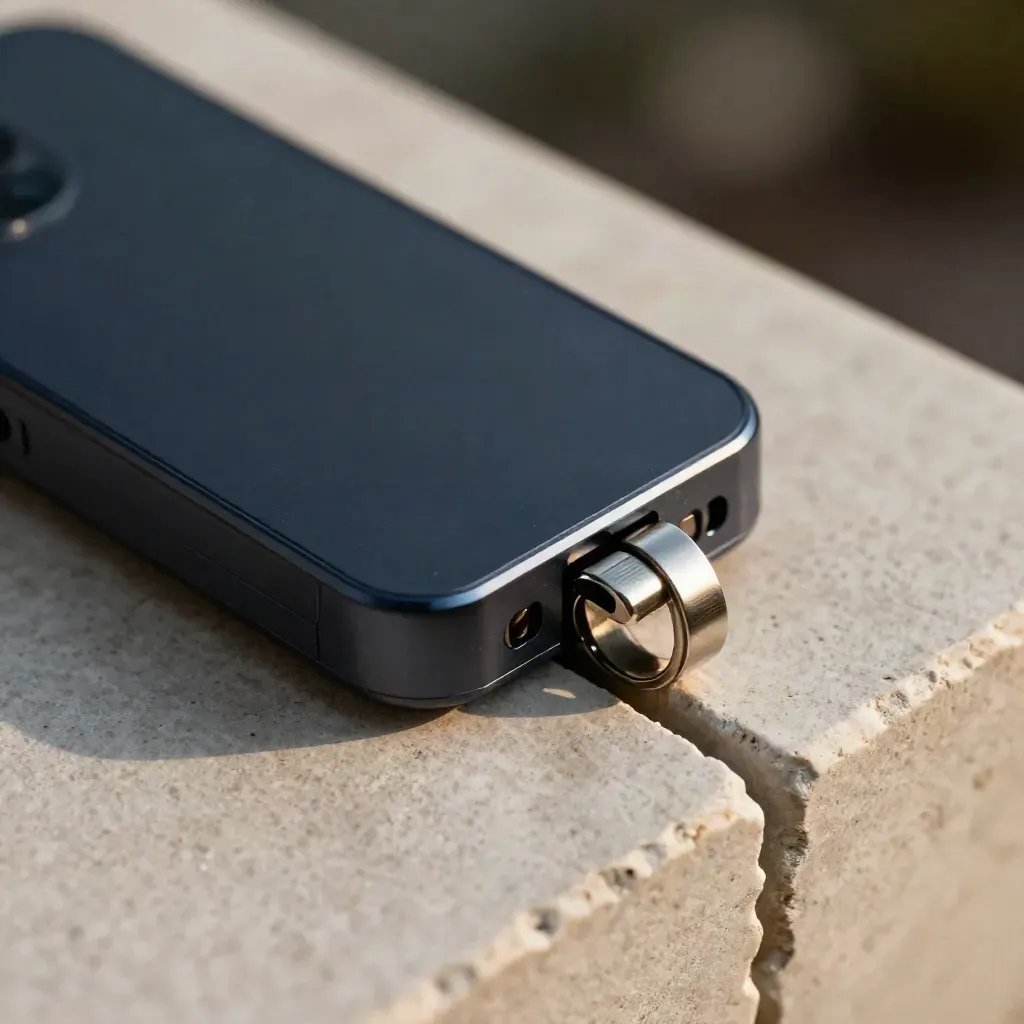 Metal rings, swipe module, and connector edge on pale stone with a bright diagonal seam.