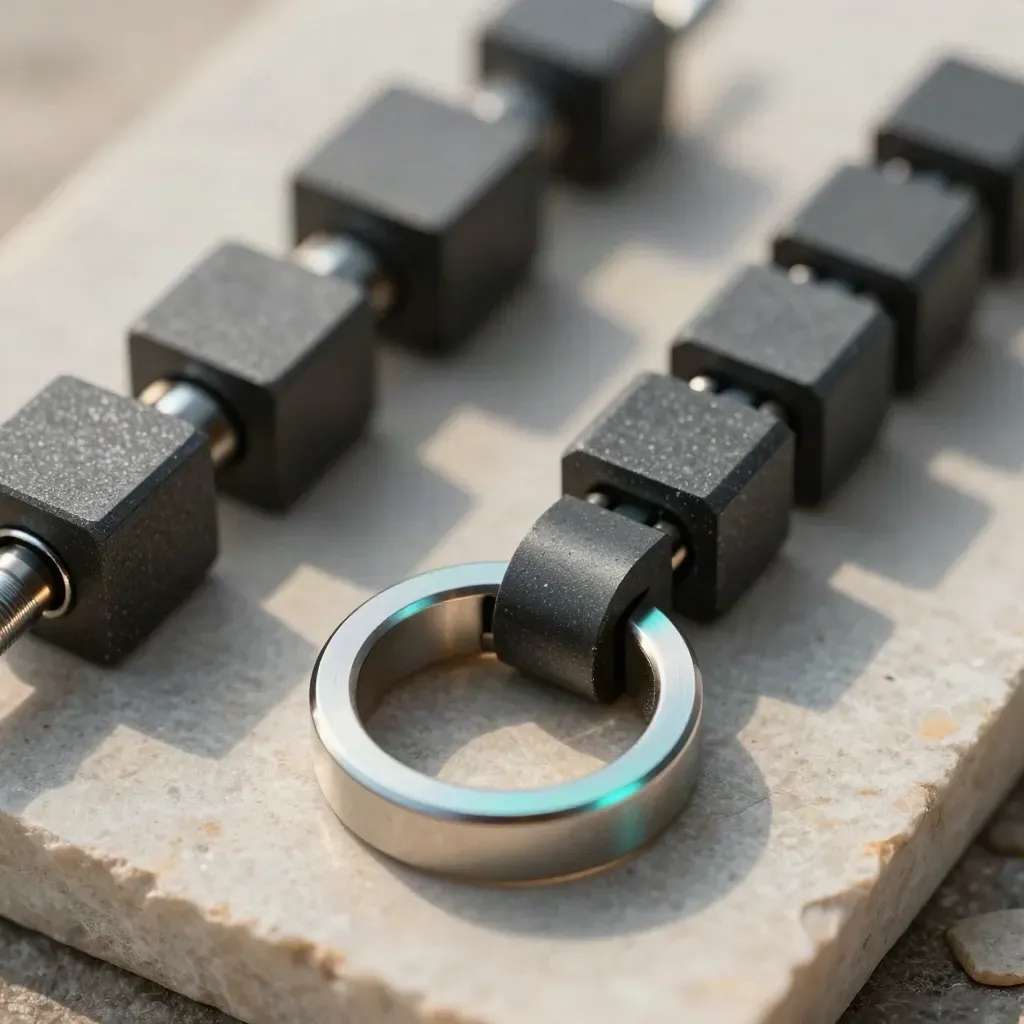 Macro still life of linked metal rings, graphite blocks and connector pins on stone.