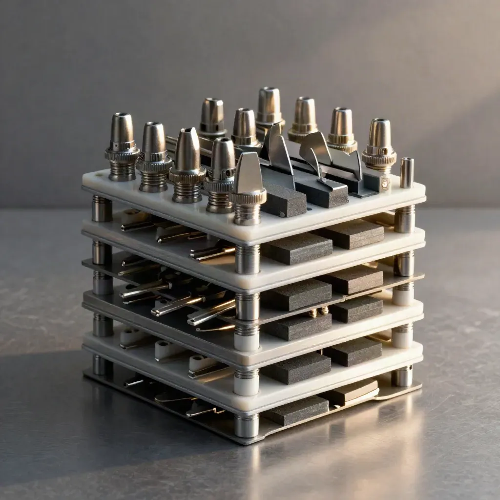 Top-down still life of server fins, ferrules, rack keys, and modular blocks on brushed metal.