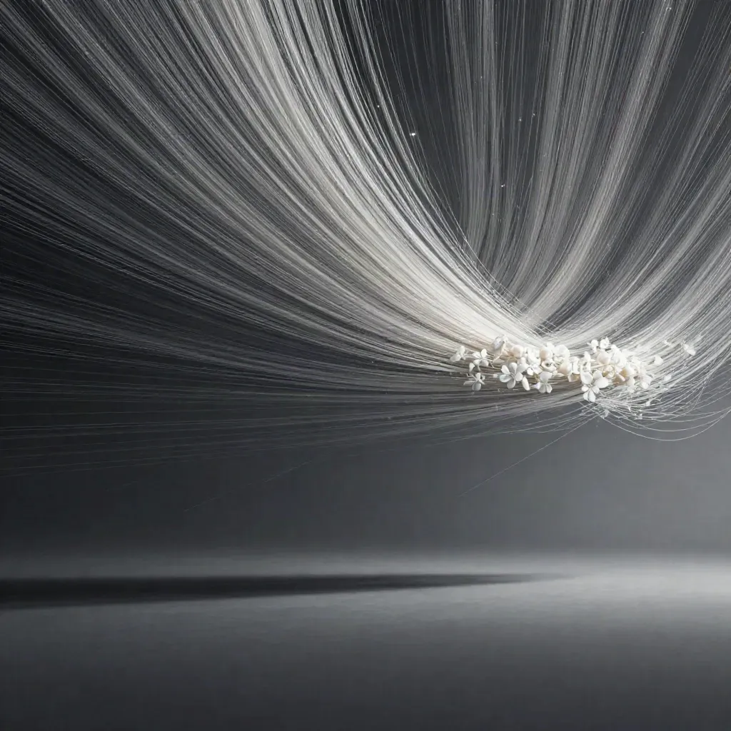Silver filaments converge into a soft bloom in dark graphite haze, with open space for copy.
